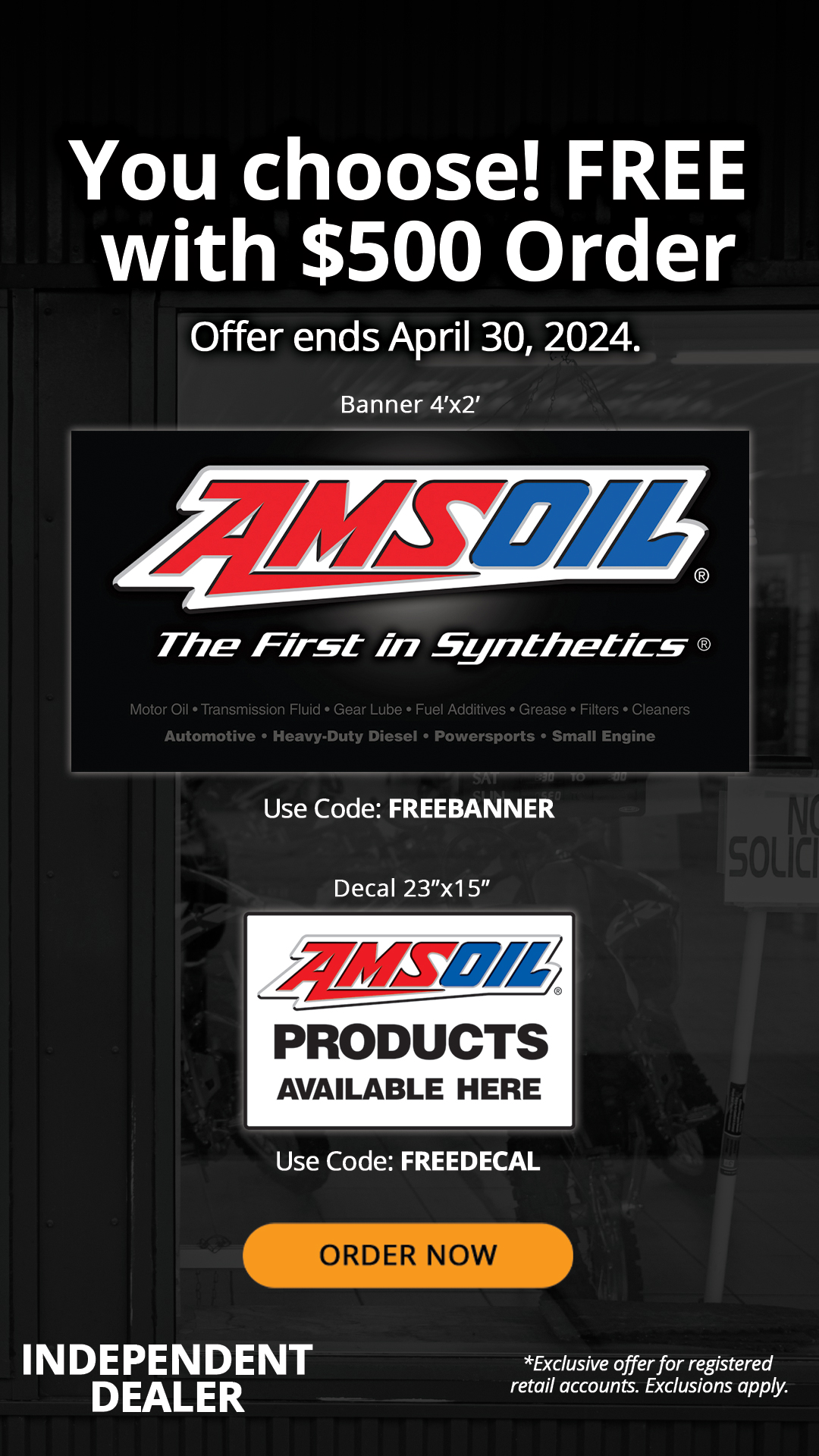 Free AMSOIL Banner or Sign with $500 order!
